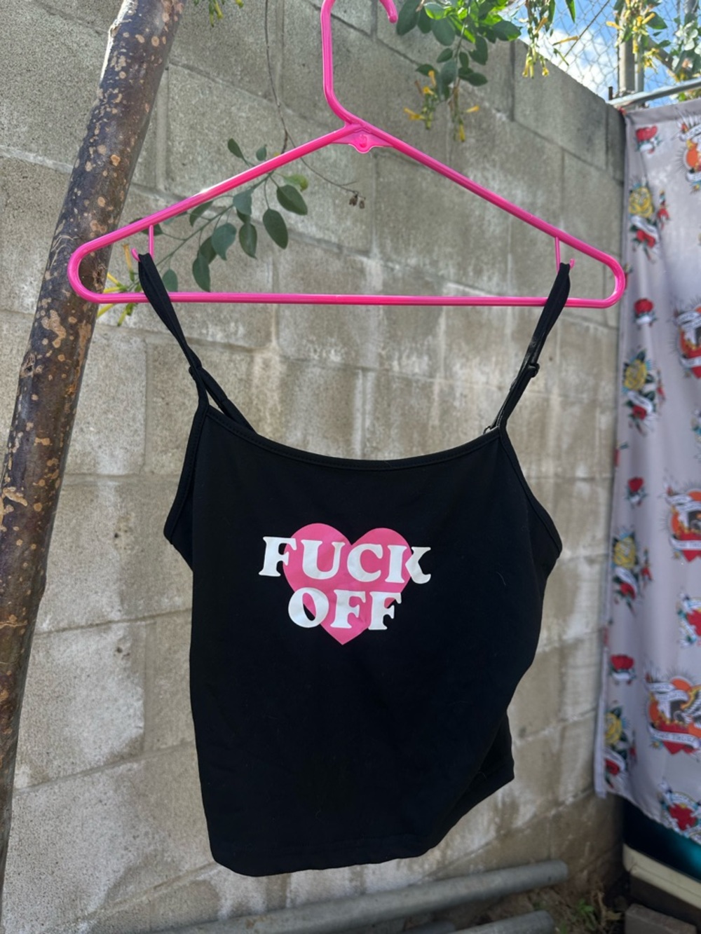 Black Graphic Spaghetti Strap Tank Top with Pink Heart